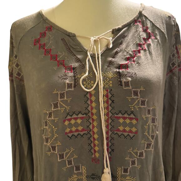 POL Embroidered Boho Tunic Top, Olive Green Peasant Tassel Tie Festival, Small - Picture 3 of 8